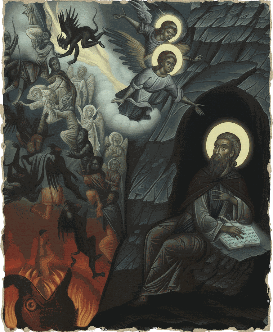 Icon of a saint writing in a book beside a vision of angels and demons